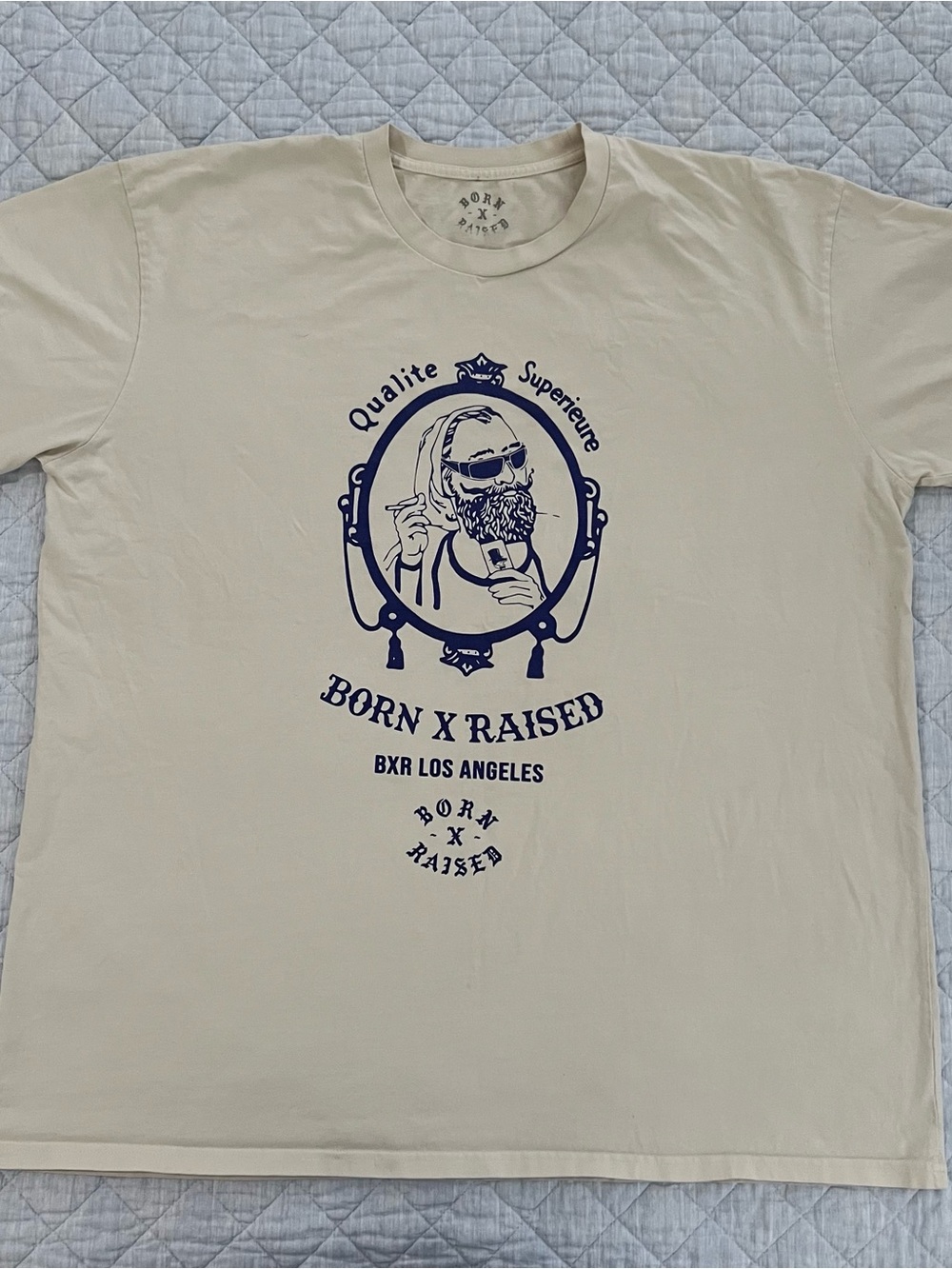 BORN X RAISED Beige Short-Sleeve Graphic Tee with Navy Print